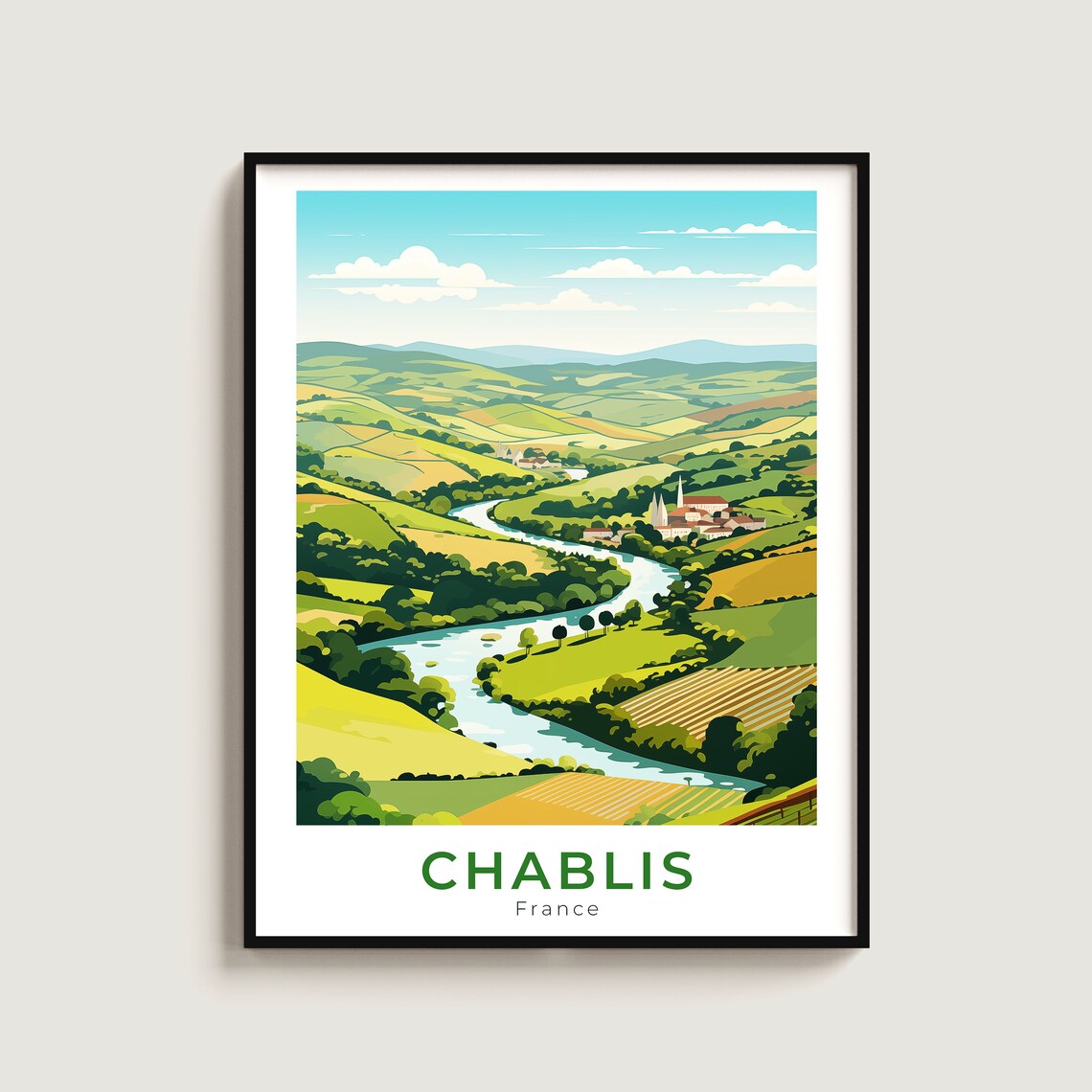 Chablis France Travel Poster Winding River Vineyard Village Scene