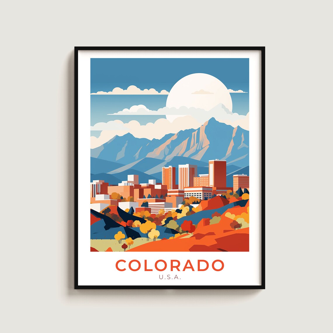 Colorado Rocky Mountain City Autumn Sunset Retro Travel Poster