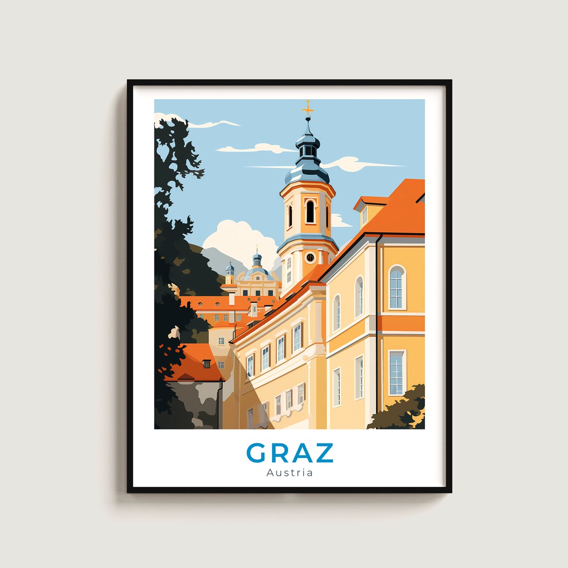 Graz Austria Baroque Church Blue Dome Old Town Street Travel Poster