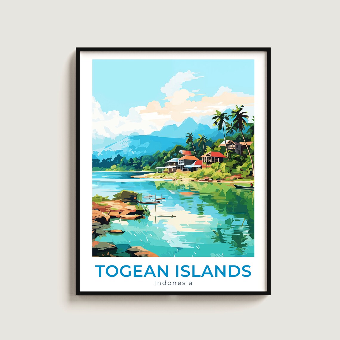 Togean Islands Indonesia Lake Village Palm Trees Travel Poster