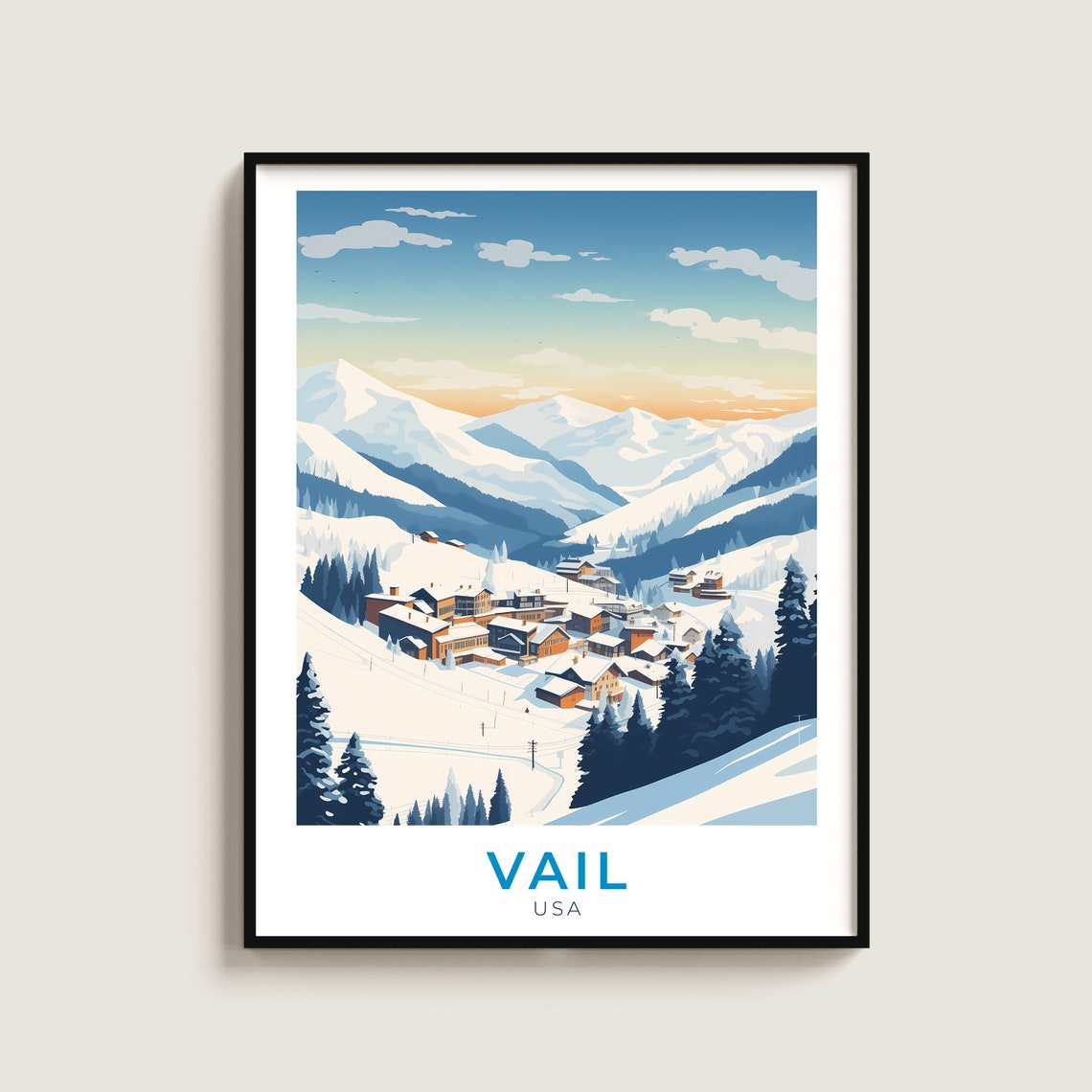 Vail USA Snowy Mountain Village Sunrise Ski Resort Travel Poster Art