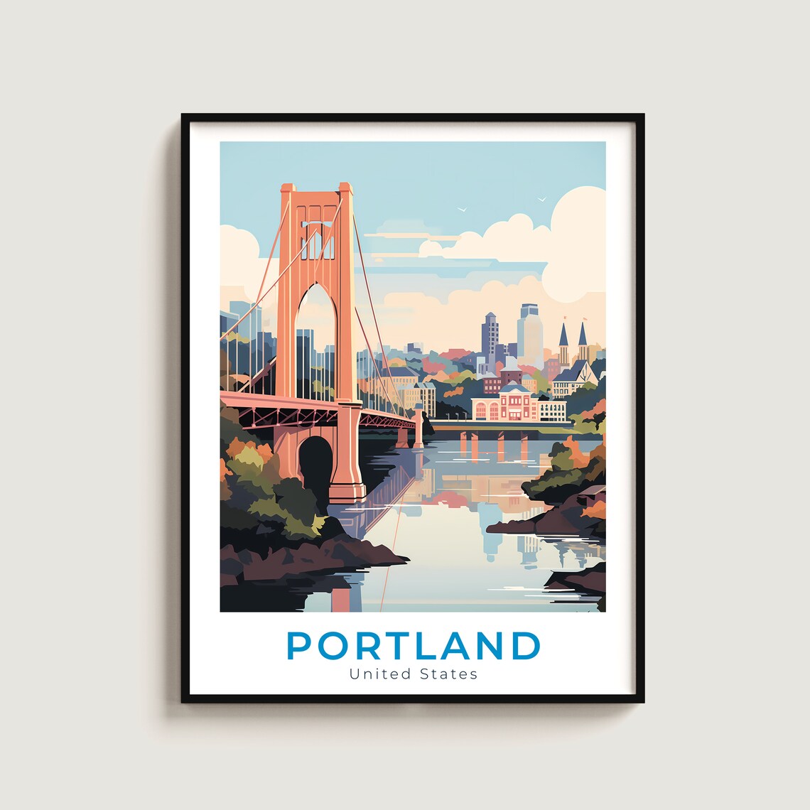 Portland Oregon St Johns Bridge River Skyline Vintage Travel Poster