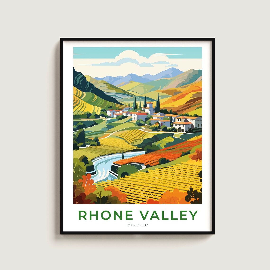Rhone Valley France River Vineyard Village Autumn Travel Poster