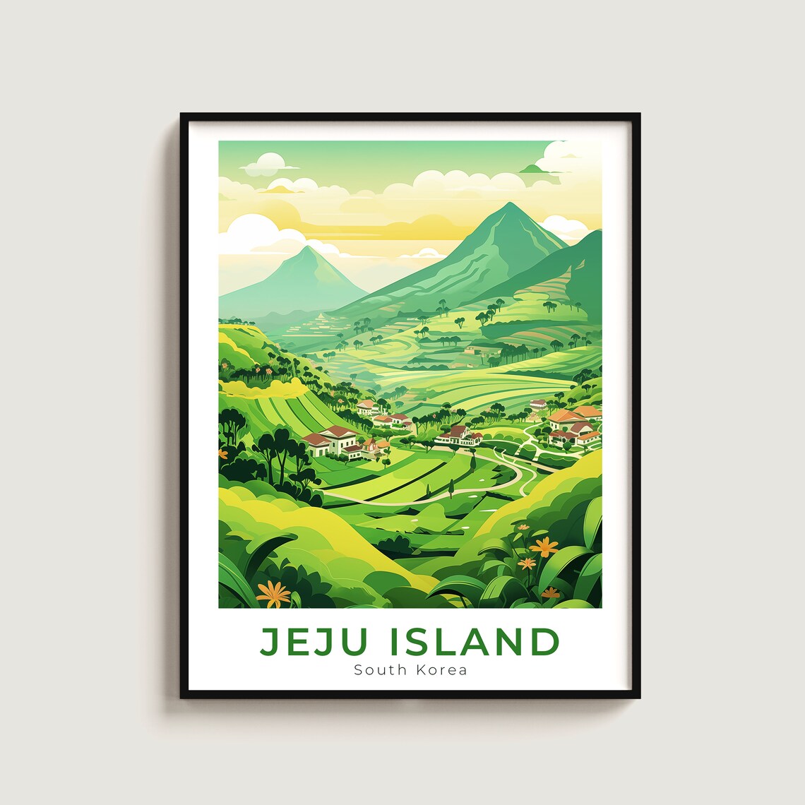 Jeju Island South Korea Green Valley Mountain Travel Vibrant Poster