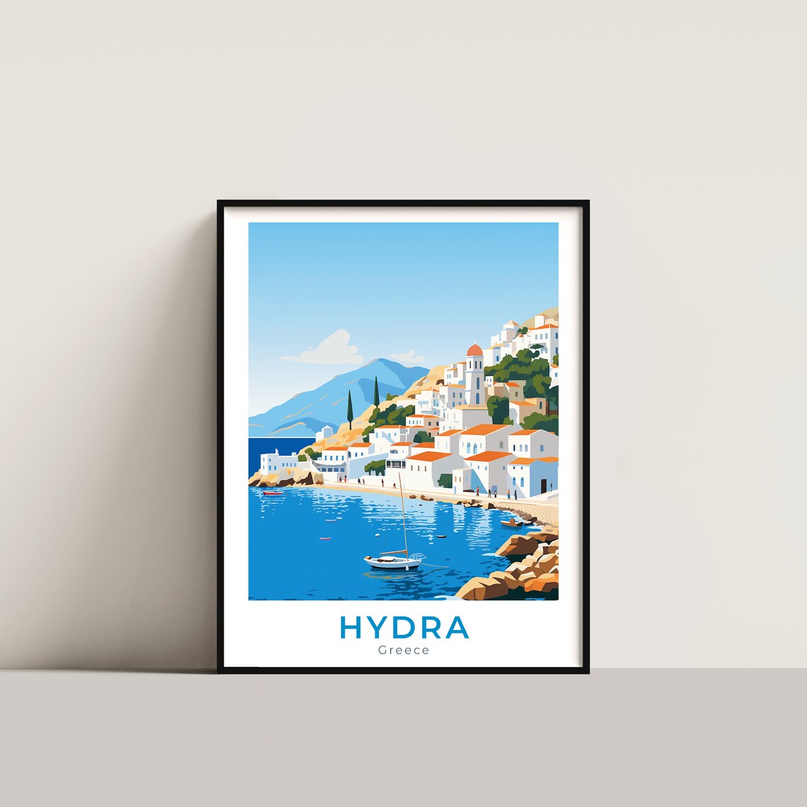 Hydra Greece Hillside Port Town Sailboat Rocky Bay Travel Poster