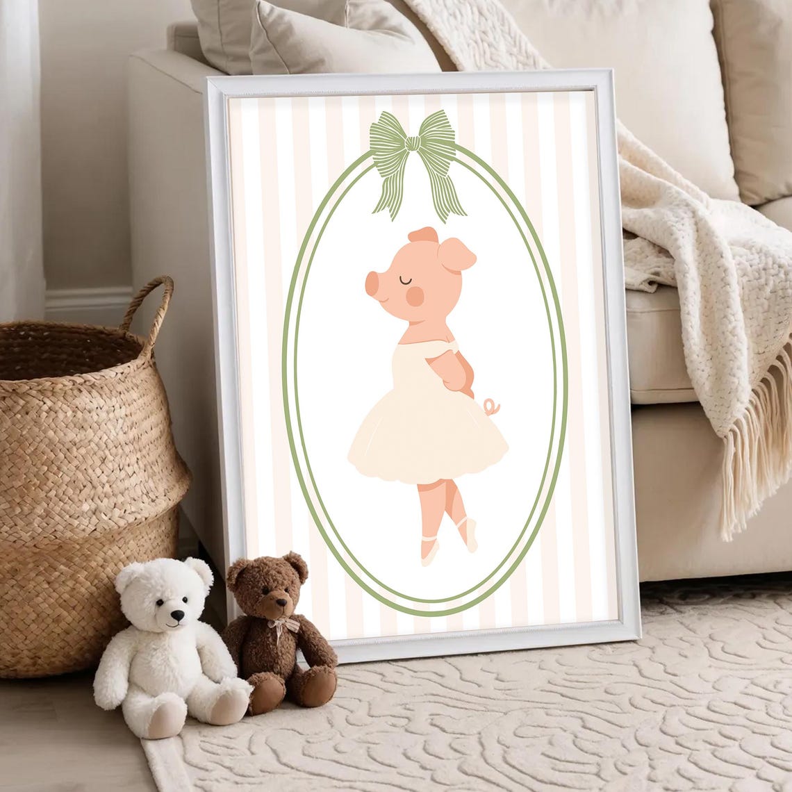 Ballerina Pig In Ivory Tutu Sage Green Bow Oval Nursery Poster