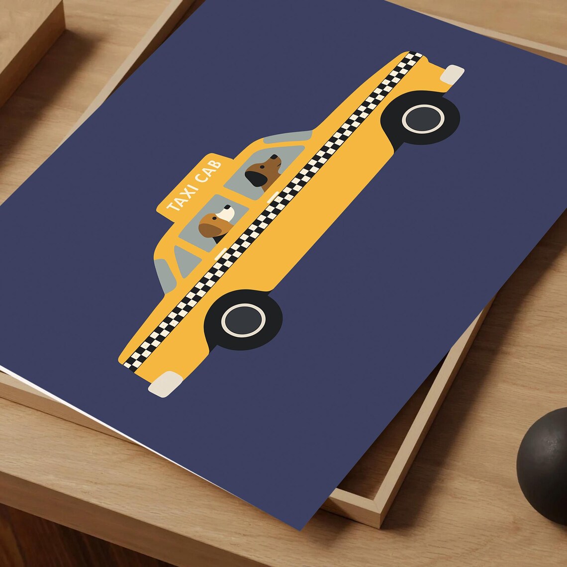 Yellow Taxi Cab Dogs Navy Background Fun Playful Kids Room Poster