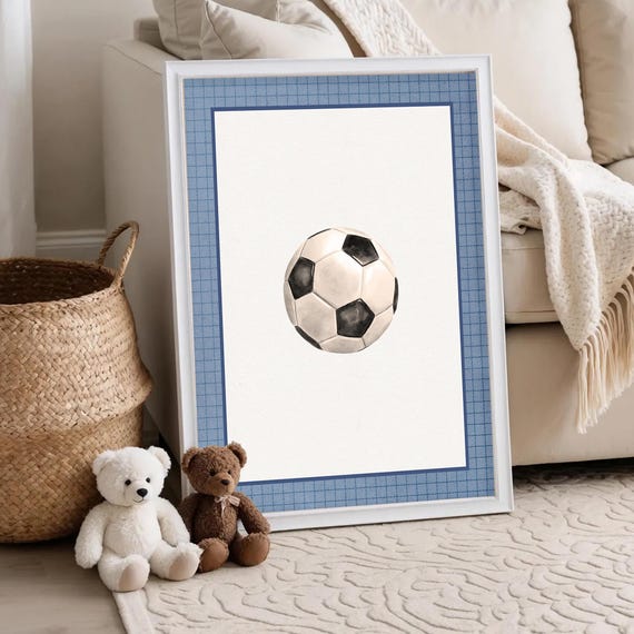 Retro Soccer Ball Wall Art Navy Blue Vintage Sports Nursery Print Boys Room Playroom Decor Eclectic Gallery