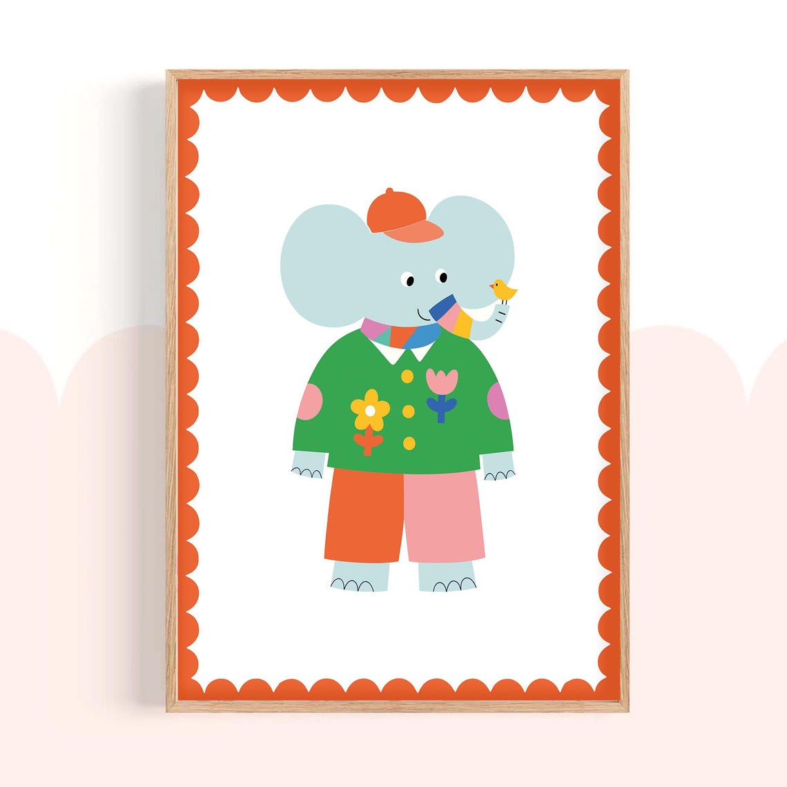 Adorable Blue Elephant in Green Floral Jacket Kids Room Poster