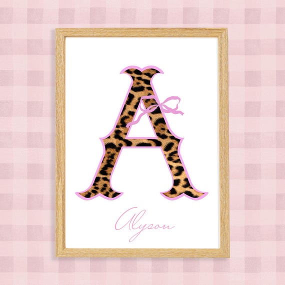 Custom Name Leopard Print Personalised Letter Bow Poster Nursery Gift For Teen Girl Bedroom Wall Art Girly Dorm Decor Initial Sign