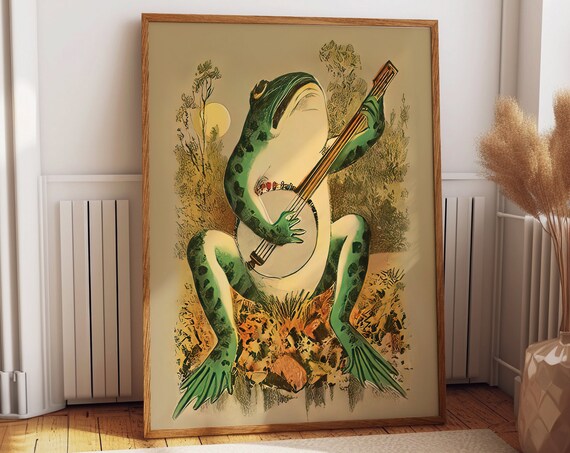 Green Frog Playing Banjo, Whimsical Bathroom Decor Art Print