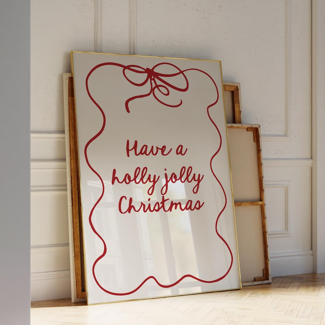 Have A Holly Jolly Christmas Art Trendy Print Merry Winter Poster Coquette Red Bow Wall