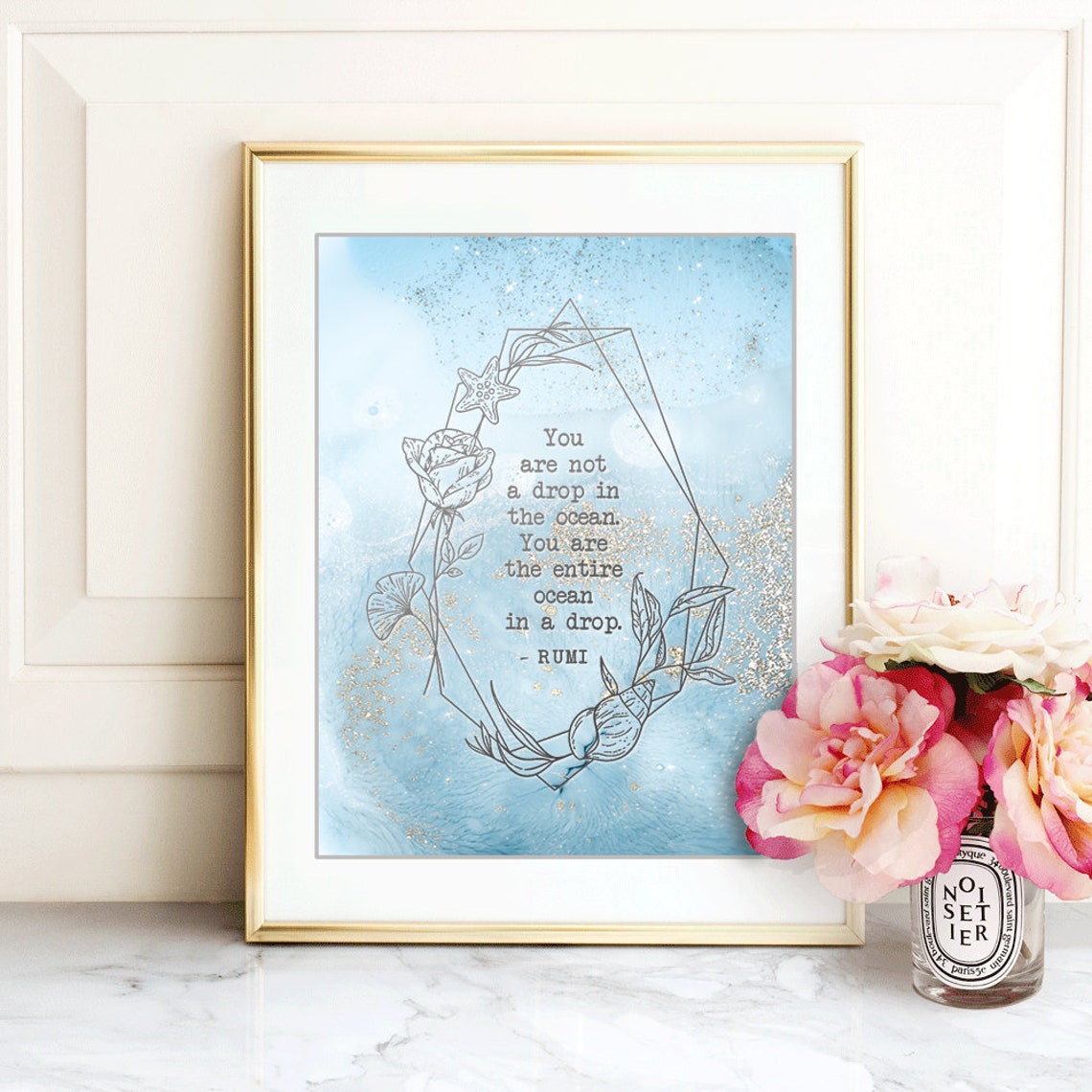 Rumi Ocean In A Drop Quote Blue Watercolor Coastal Floral Art Print - Image 4