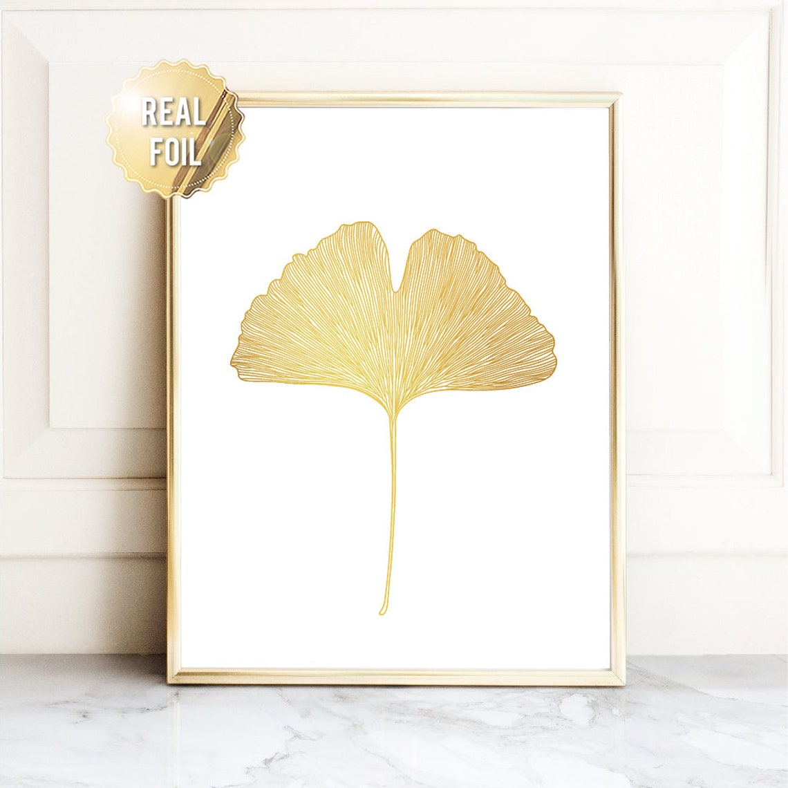 Ginkgo Leaf Gold Foil Botanical Line Art Minimalist Wall Art