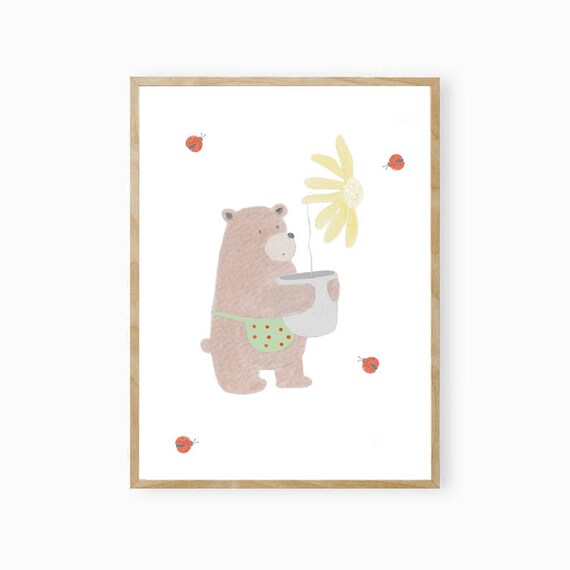 Watercolor Bear Watering Daisy With Ladybugs Kids Nursery Poster