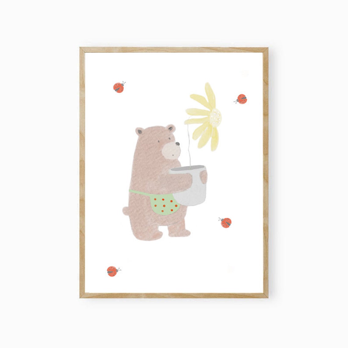Watercolor Bear Watering Daisy With Ladybugs Kids Nursery Poster