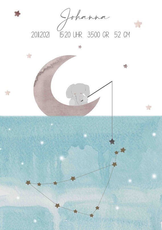 Baby Elephant Moon Personalized Birth Stats Nursery Art Poster