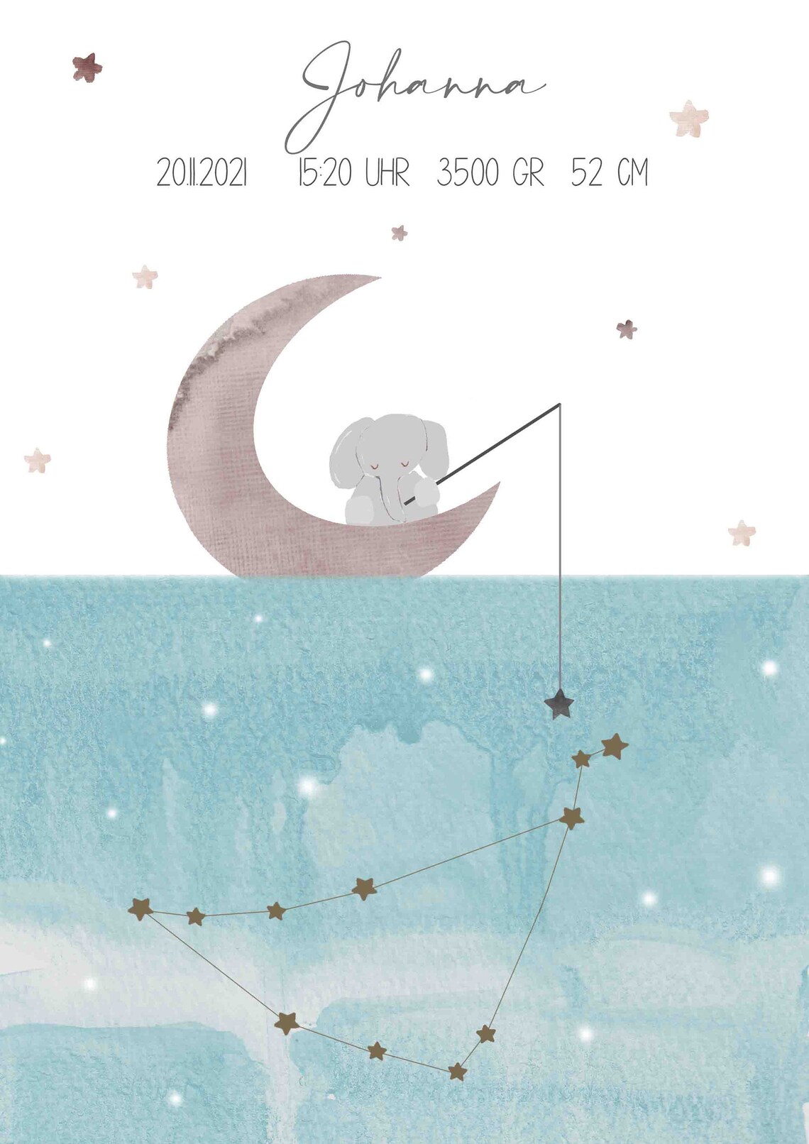 Baby Elephant Moon Personalized Birth Stats Nursery Art Poster