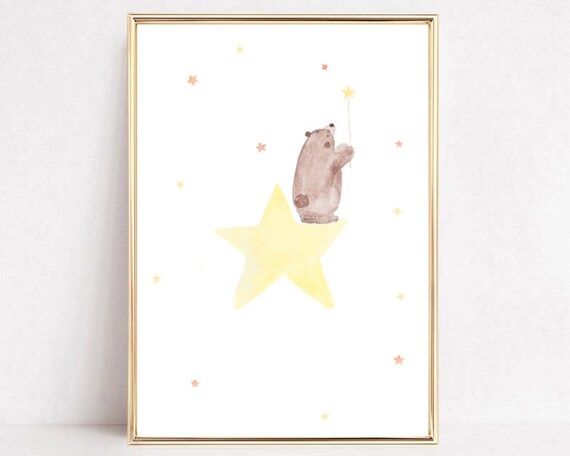 Watercolor Bear Sitting On Big Yellow Star Nursery Kids Room Poster