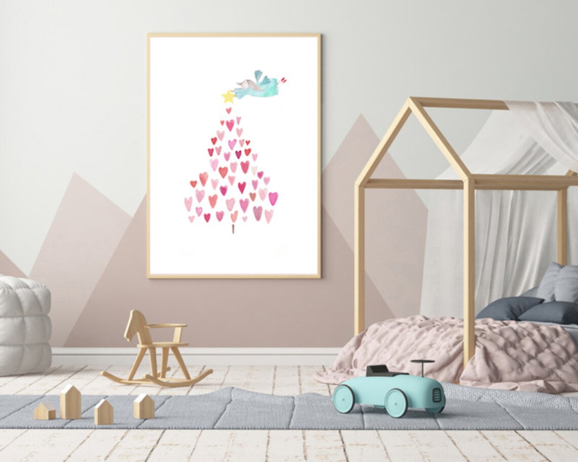 Heart Christmas Tree Angel Star Pink Watercolor Holiday Art Poster - Image 2