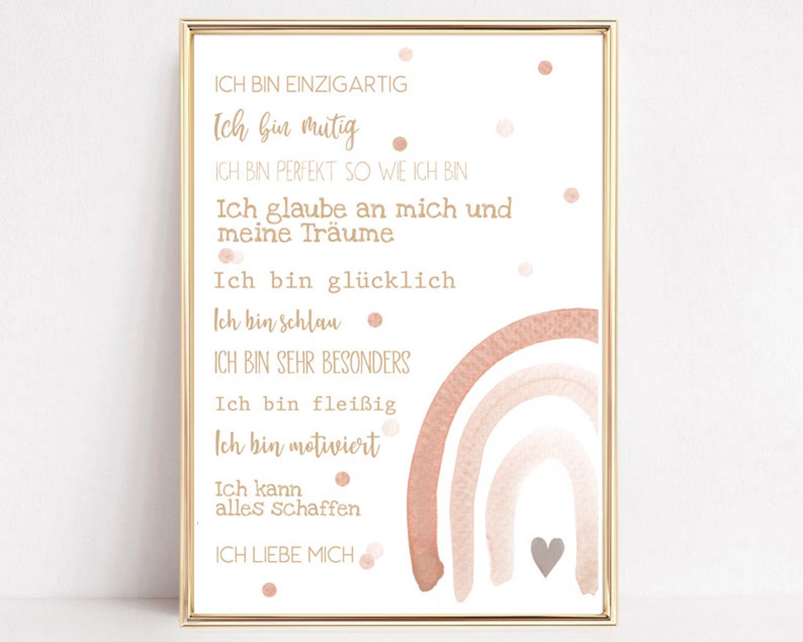 Positive Affirmations Kids List Rainbow Watercolor German Art Poster