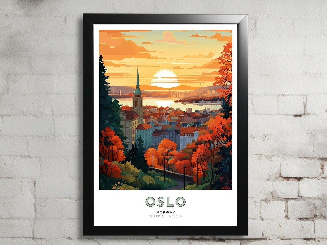 Oslo Norway Autumn Foliage Sunset Waterfront City Art Poster