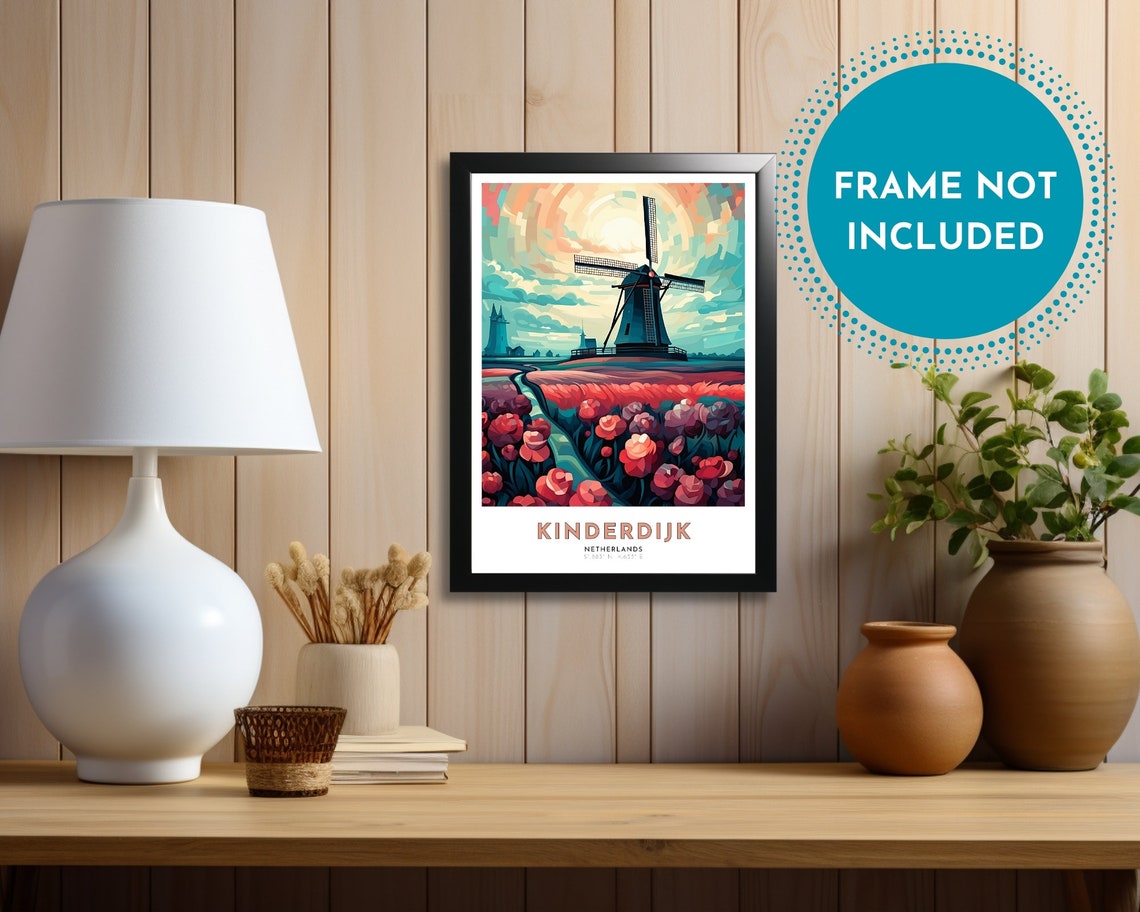 Kinderdijk Netherlands Windmill Tulip Fields Sunset Travel Poster - Image 3
