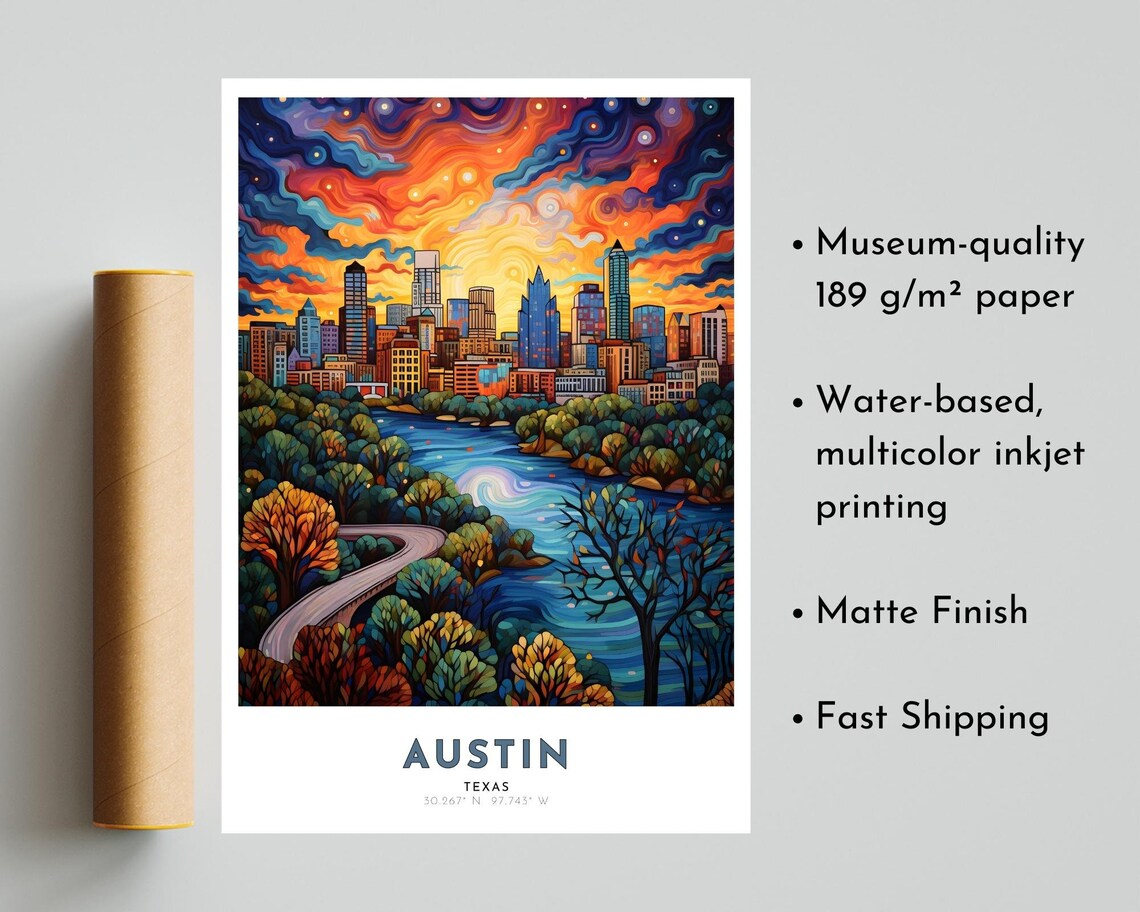 Austin Texas Skyline Sunset River Swirling Sky Travel Poster - Image 5
