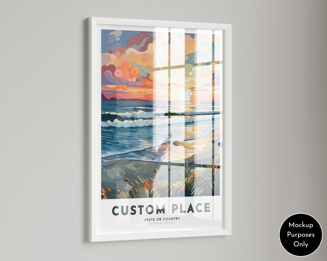 Custom Beach Sunset Ocean Waves Sailboats Personalized Place Name Travel Poster - Image 4