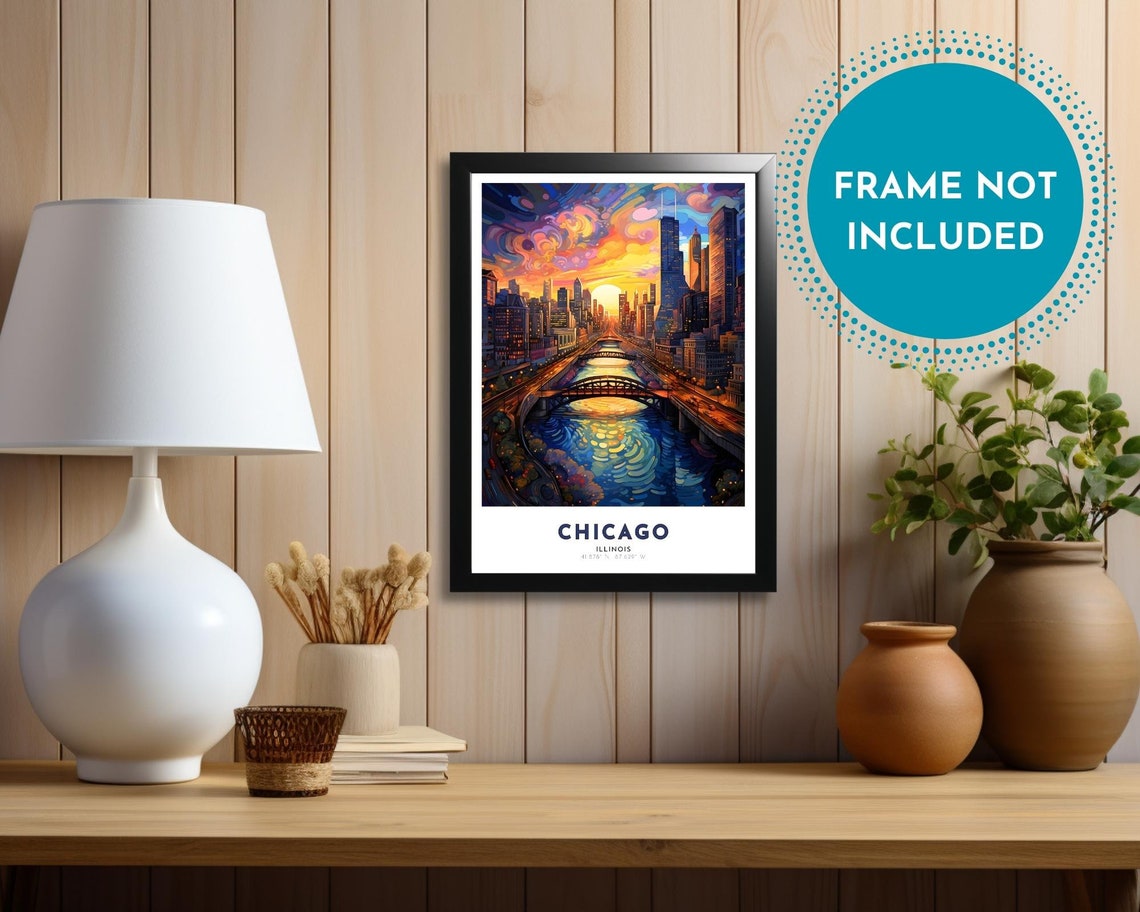 Chicago Illinois Sunset River Skyline Impressionist Artwork Poster - Image 3