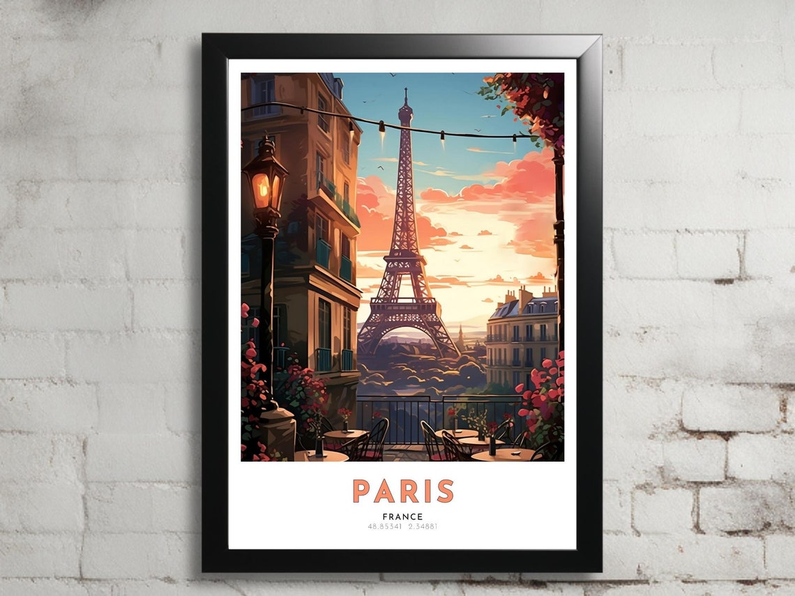 Paris France Eiffel Tower Cafe Terrace Sunset Romantic Poster
