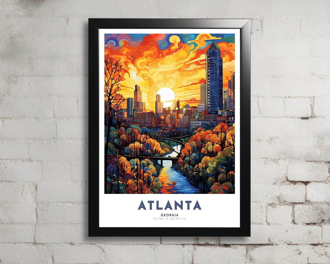 Atlanta Georgia Skyline Autumn Sunset River Bridge Travel Poster