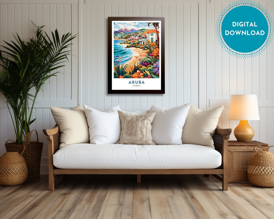 Aruba Caribbean Beach Palm Coast Tropical Sunset Travel Poster - Image 3