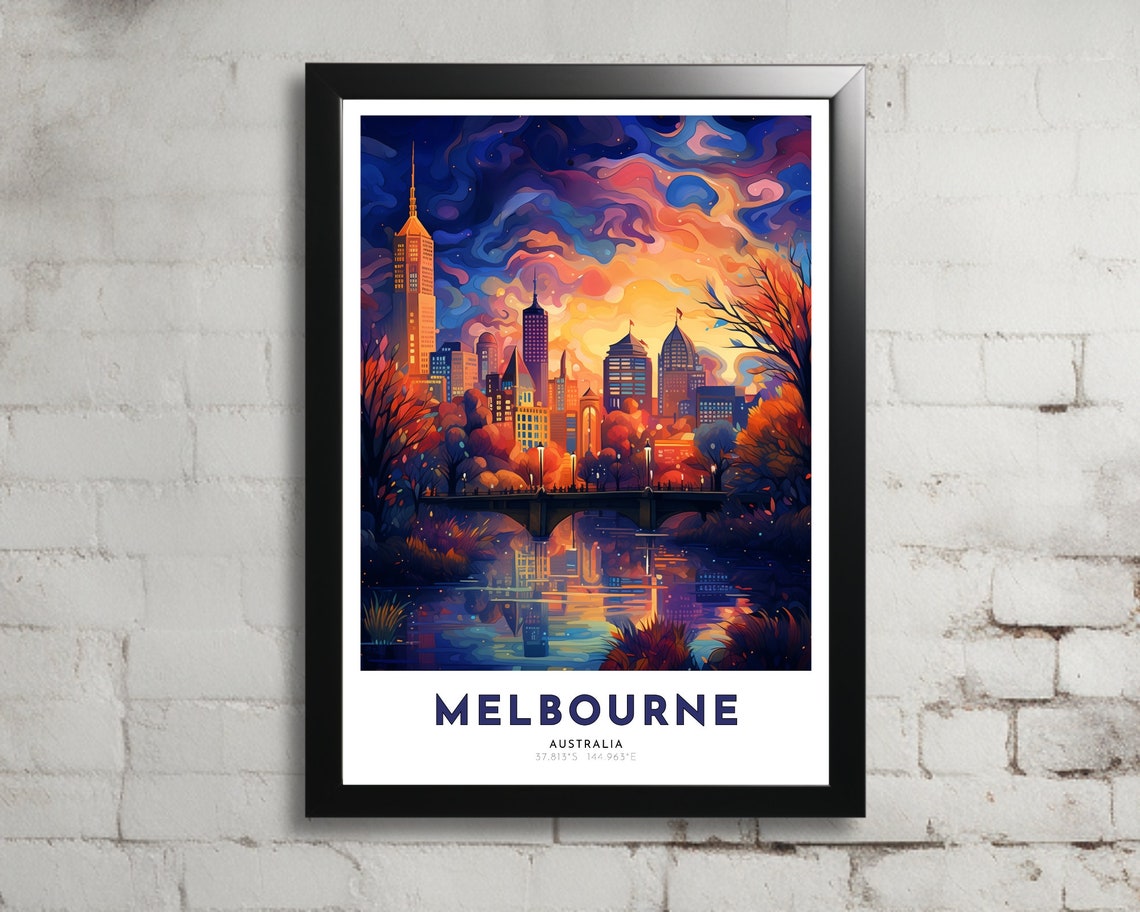 Melbourne Australia City Night Skyline River Bridge Travel Poster