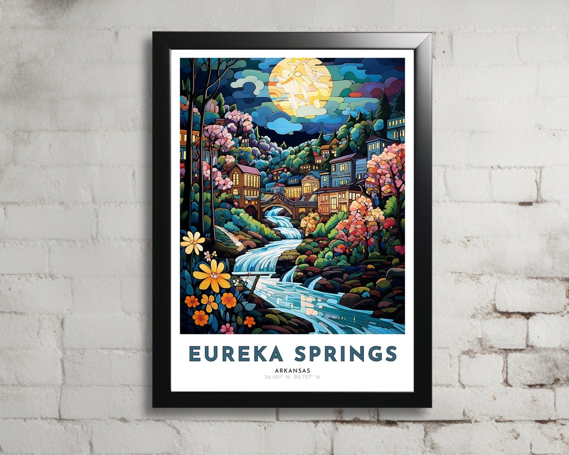 Eureka Springs Arkansas Waterfall River Floral Moon Travel Poster