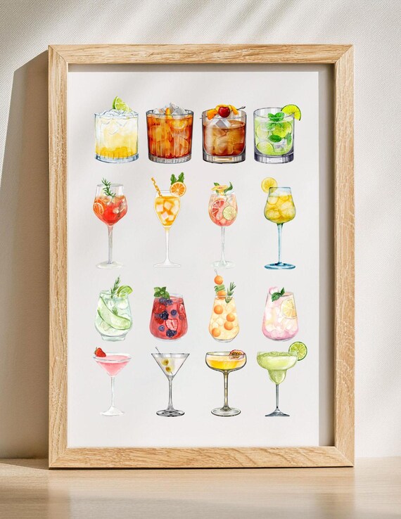 Watercolor Cocktails Art Print, Kitchen Wall Decor