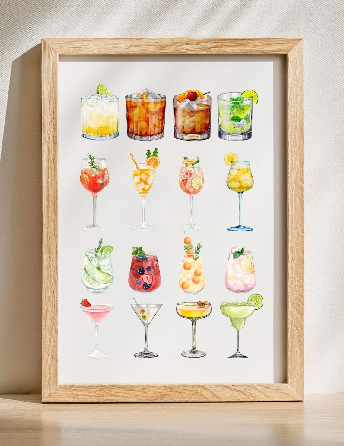 Watercolor Cocktails Art Print, Kitchen Wall Decor