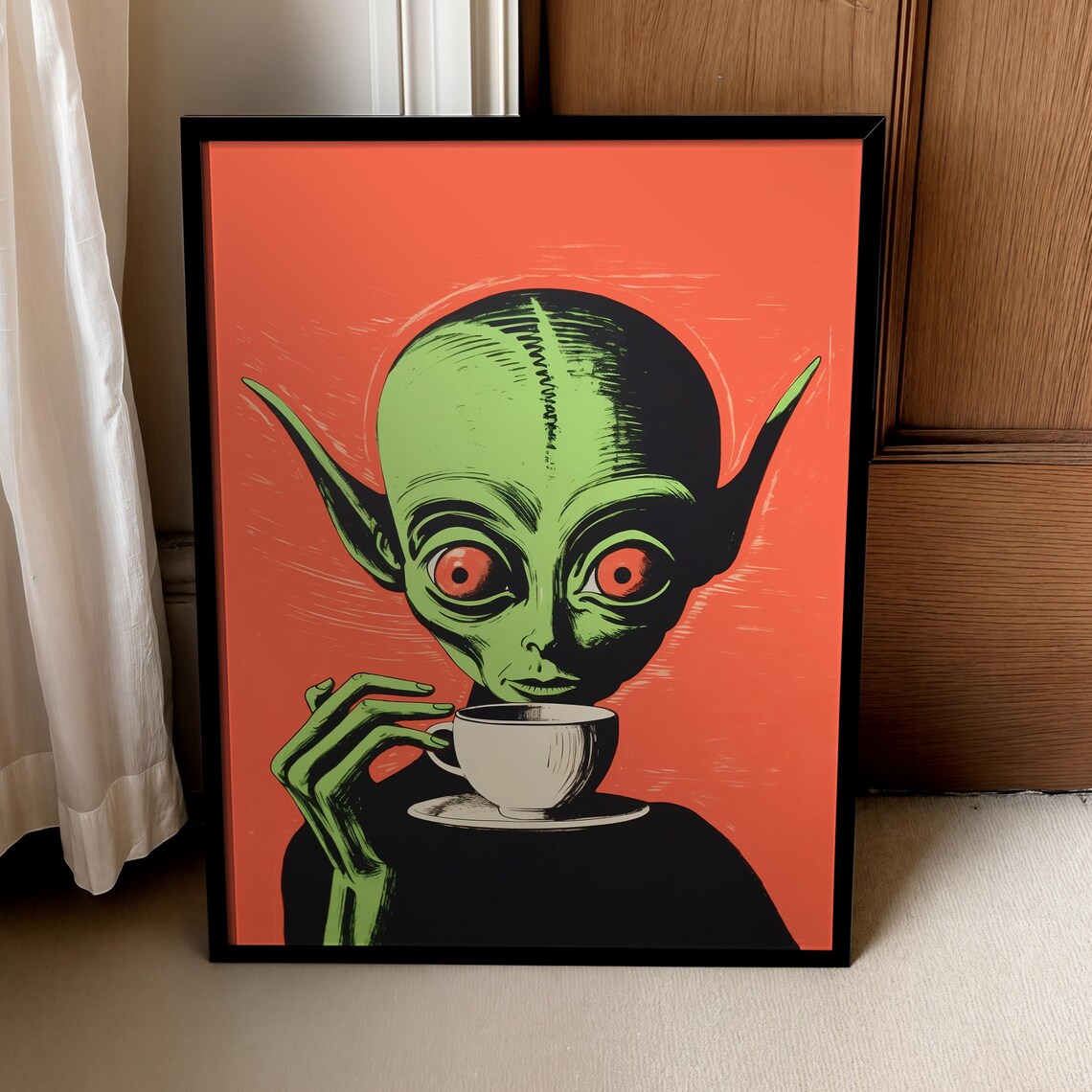 Retro Alien Coffee Art Print, Funny Sci-Fi Kitchen Decor