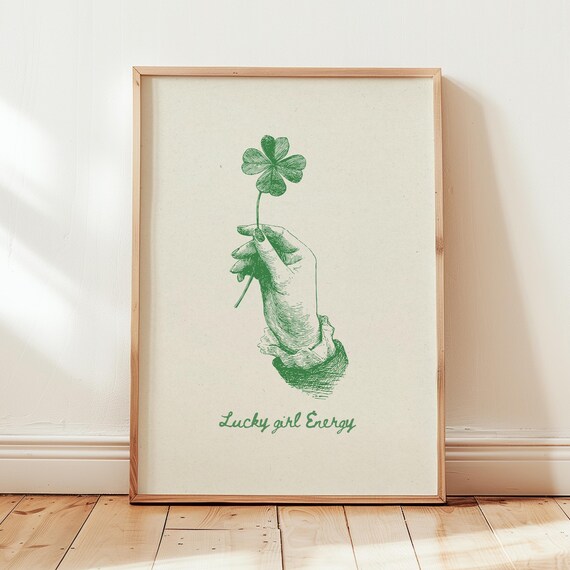 Lucky Girl Energy Four Leaf Clover Vintage Sketch Manifest Poster