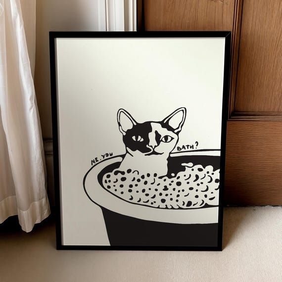 Funny Bathroom Art Black And White Cat Hand Drawn Toilet Poster Digital Download