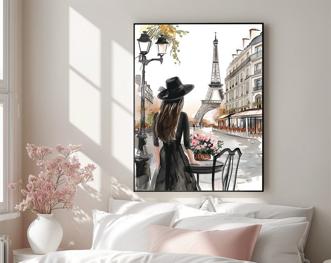 Stylish Girl In Paris Eiffel Tower Watercolor Illustration Wall Poster