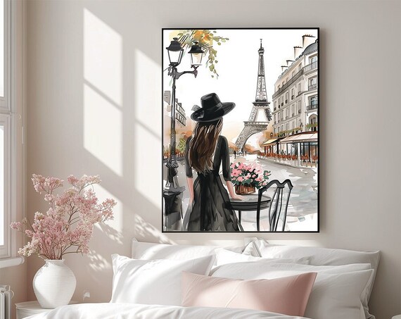 Stylish Girl In Paris Illustration Poster Perfect Modern And Parisian Home Decor Minimal City Street View In Cute Style