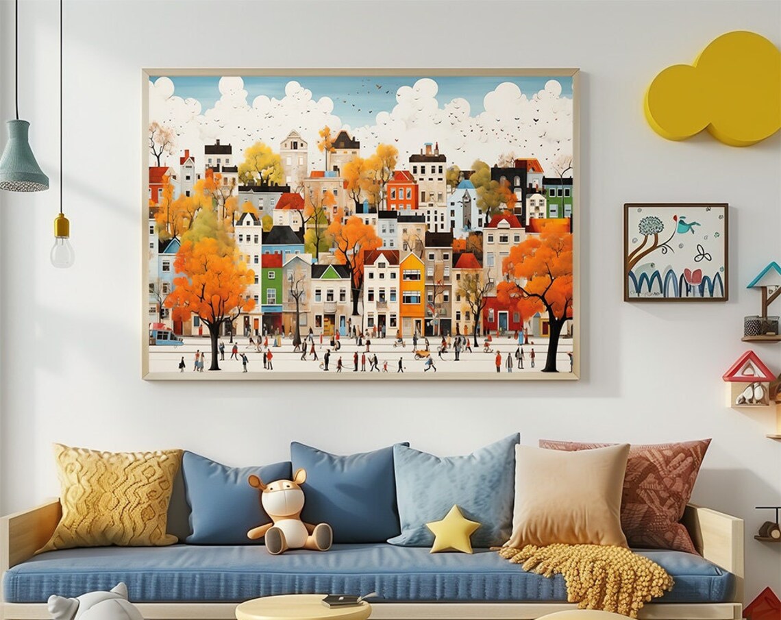 Colorful City Street Daily Life Modern Flat Illustration Poster