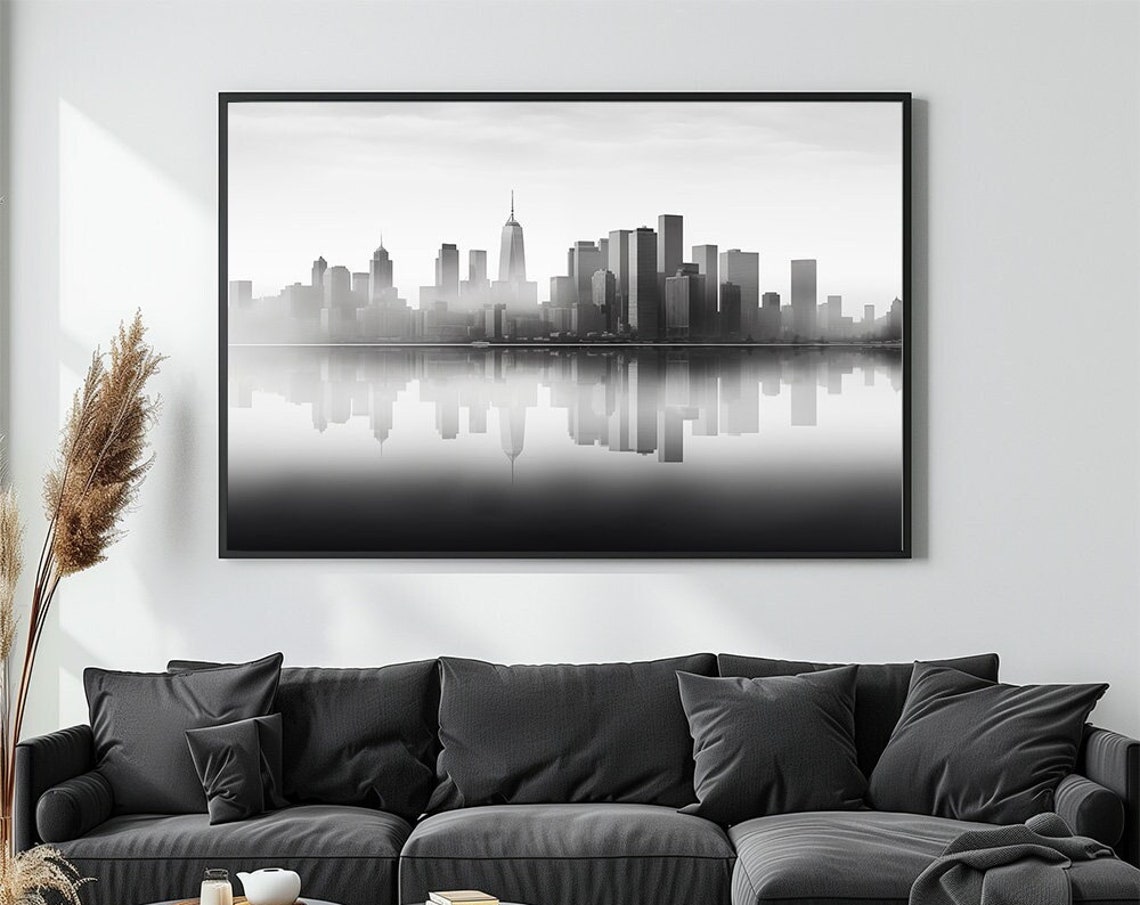 Black and White City Skyline Reflection Modern Abstract Poster