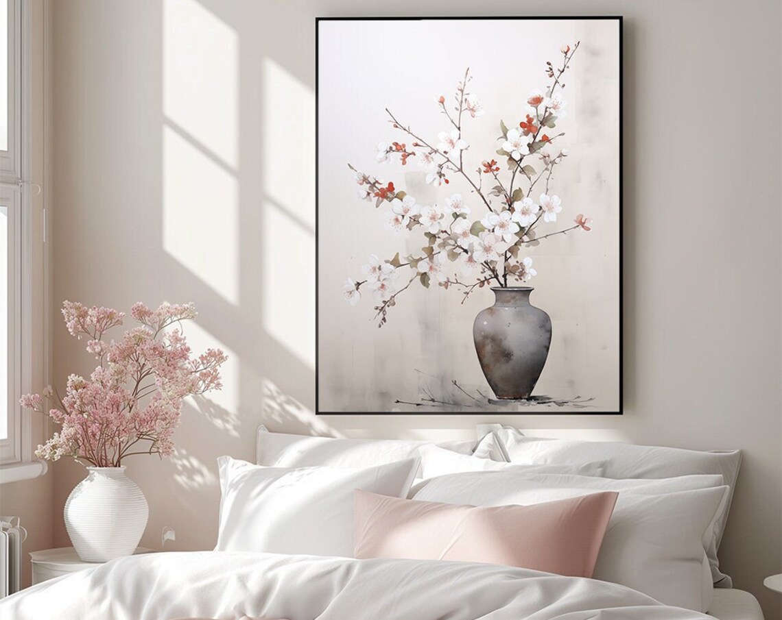 Watercolor Cherry Blossom Branches In A Dark Ceramic Vase Poster - Image 3