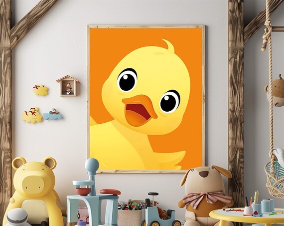 Happy Yellow Duckling Face Cartoon Bright Orange Nursery Wall Art