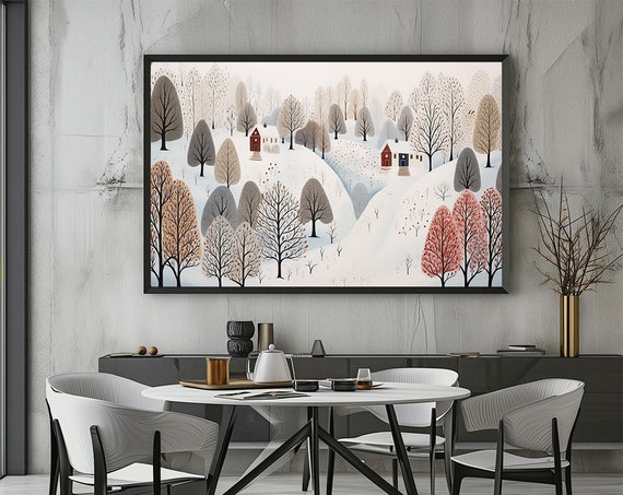 Winter Scene Illustration Wall Print Nordic Home Decor Modern Snowy Forest Poster Minimal Trees Landscape
