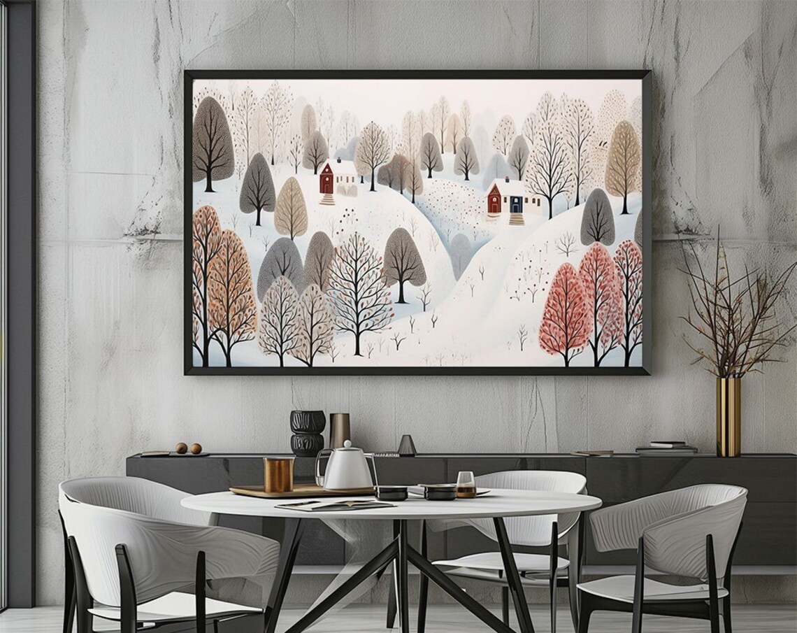 Nordic Snowy Forest Village With Red Houses Minimal Winter Poster