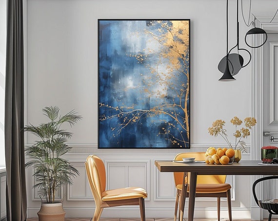 Navy Blue And Gold Abstract Tree Wall Art Modern And Minimal Wall Print For Contemporary Interiors Large
