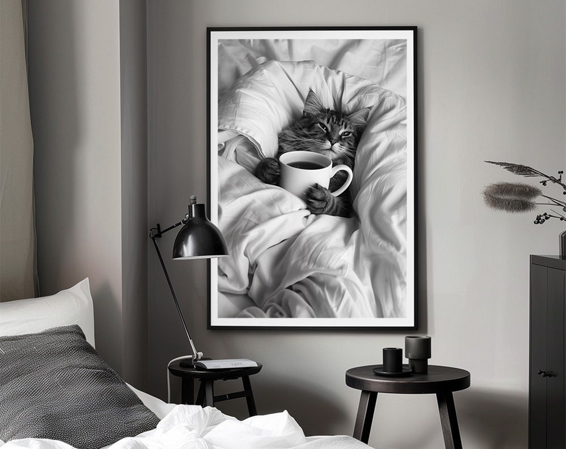 Funny Black And White Cat Holding Coffee Cup In Bed Photo Poster - Image 3